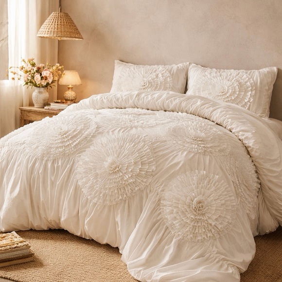 NEW Anthro Ivory Beige 3D Floral Queen / King Boho Comforter Bedding & Sham Set - Picture 3 of 8